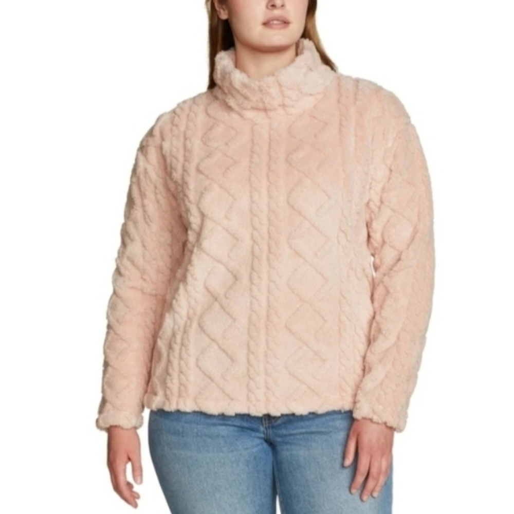 New Eddie Bauer Fuzzy Cable Fleece Pullover Sweater M Pink NWT